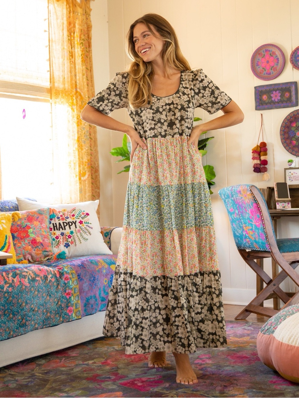Natural Life Lucia Tiered Maxi Dress -
Charcoal Pink Mix Print